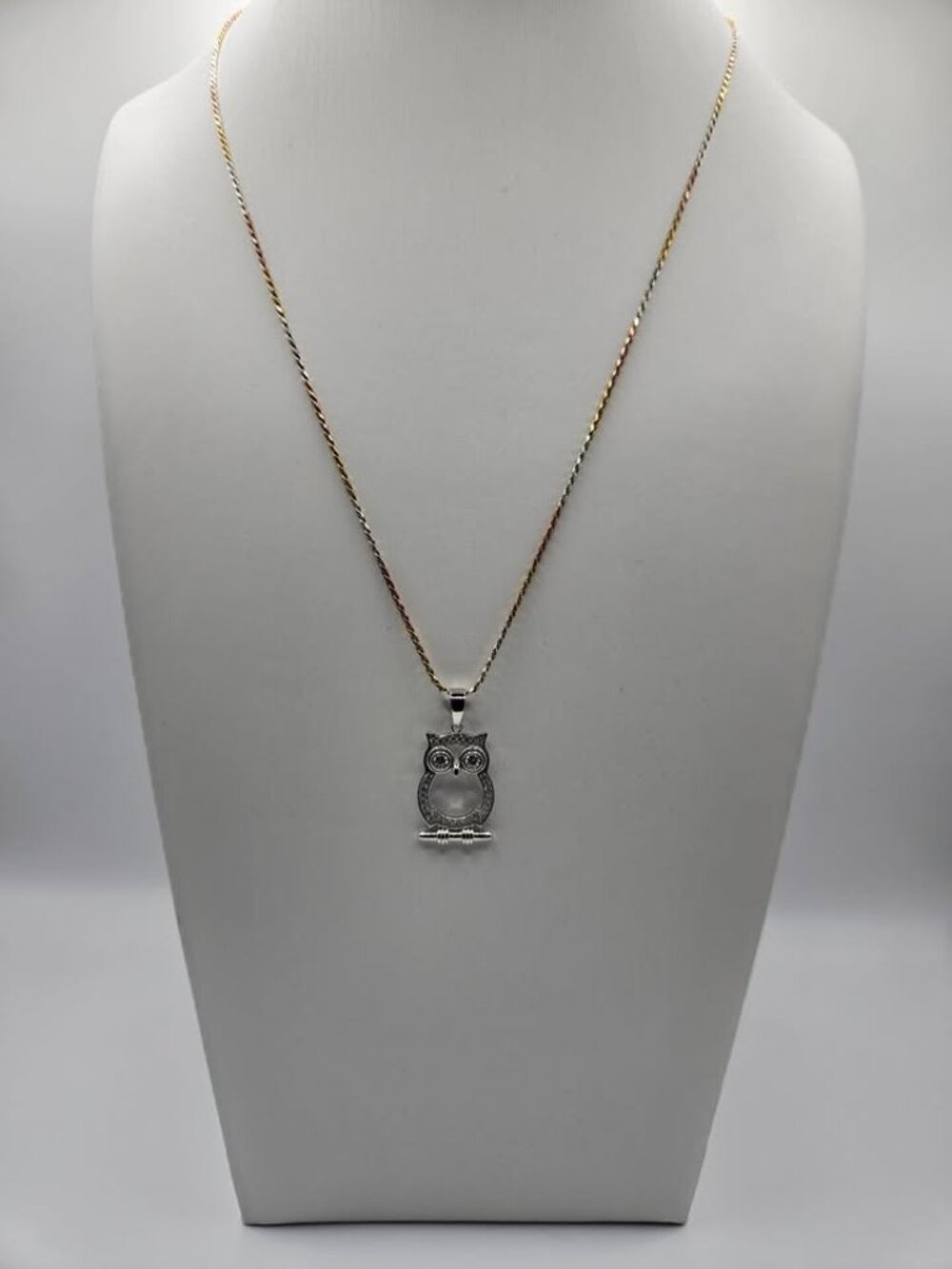 Moissanite Owl Pendant 22" Tri-Color Rope Chain S925 Silver Set